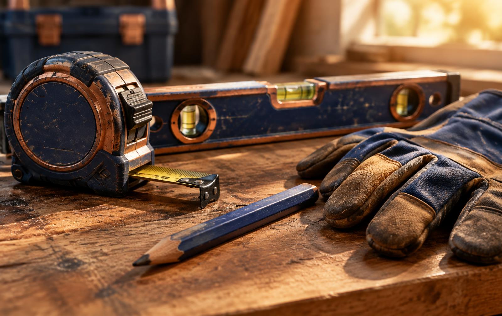 A tape measure, level, carpenter's pencil and work gloves on a wooden workbench
